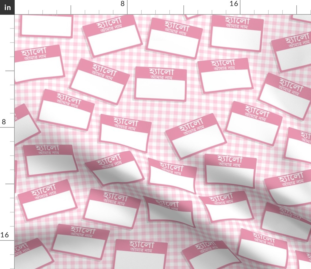Scattered Bengali 'hello my name is' nametags - light pink on baby pink gingham