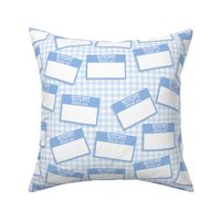 Scattered Bengali 'hello my name is' nametags - light blue on baby blue gingham