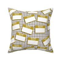 Scattered Bengali 'hello my name is' nametags - mustard on grey gingham