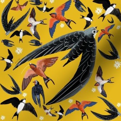 Swallows and Swift in yellow pattern