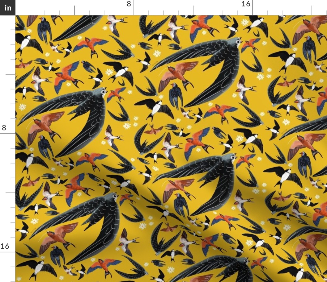 Swallows and Swift in yellow pattern