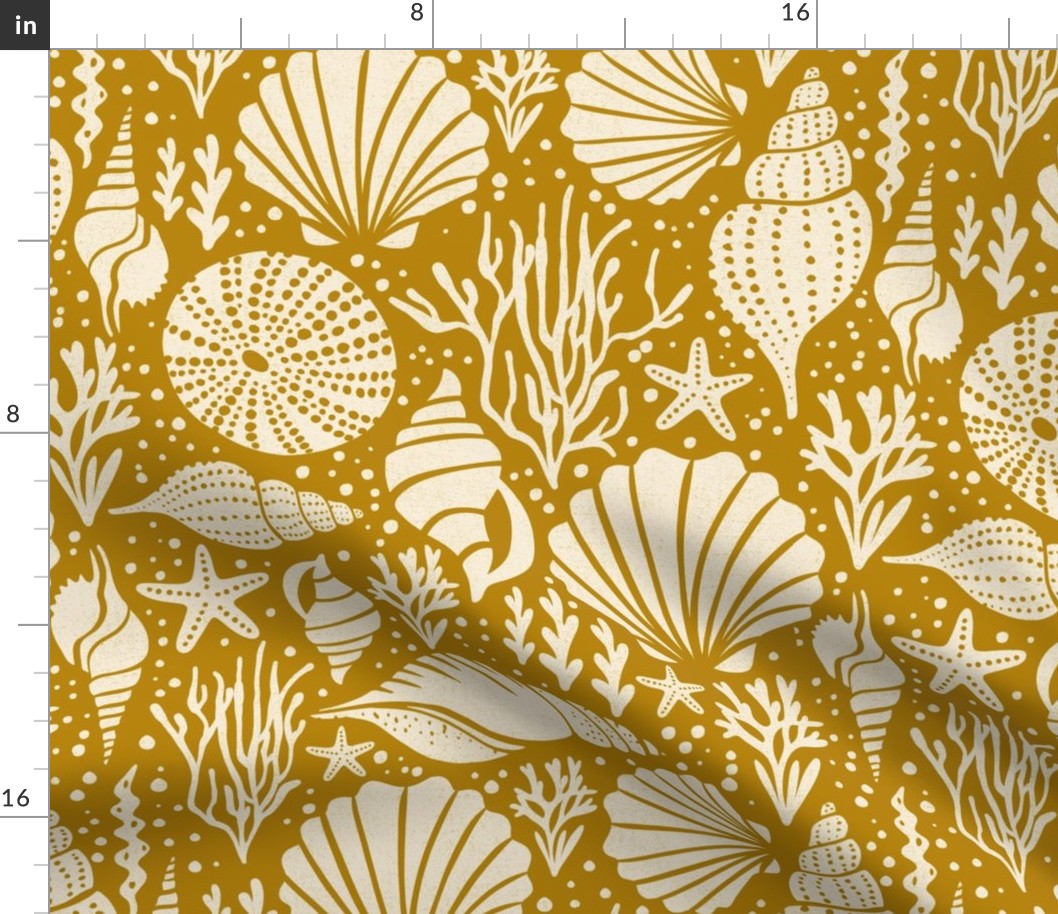 Washed Ashore - Nautical Seashells - Golden Yellow Ivory 2 Color Large Scale