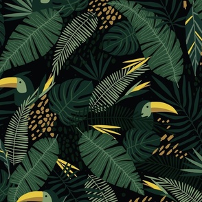 Large Dark Green Moody tropical Hawaiian Palm Leaves  with Toucan Bird Large-scale Wallpaper