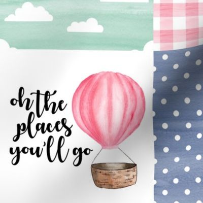Oh the places you'll go//Pink Hot air Balloon - Wholecloth Cheater Quilt