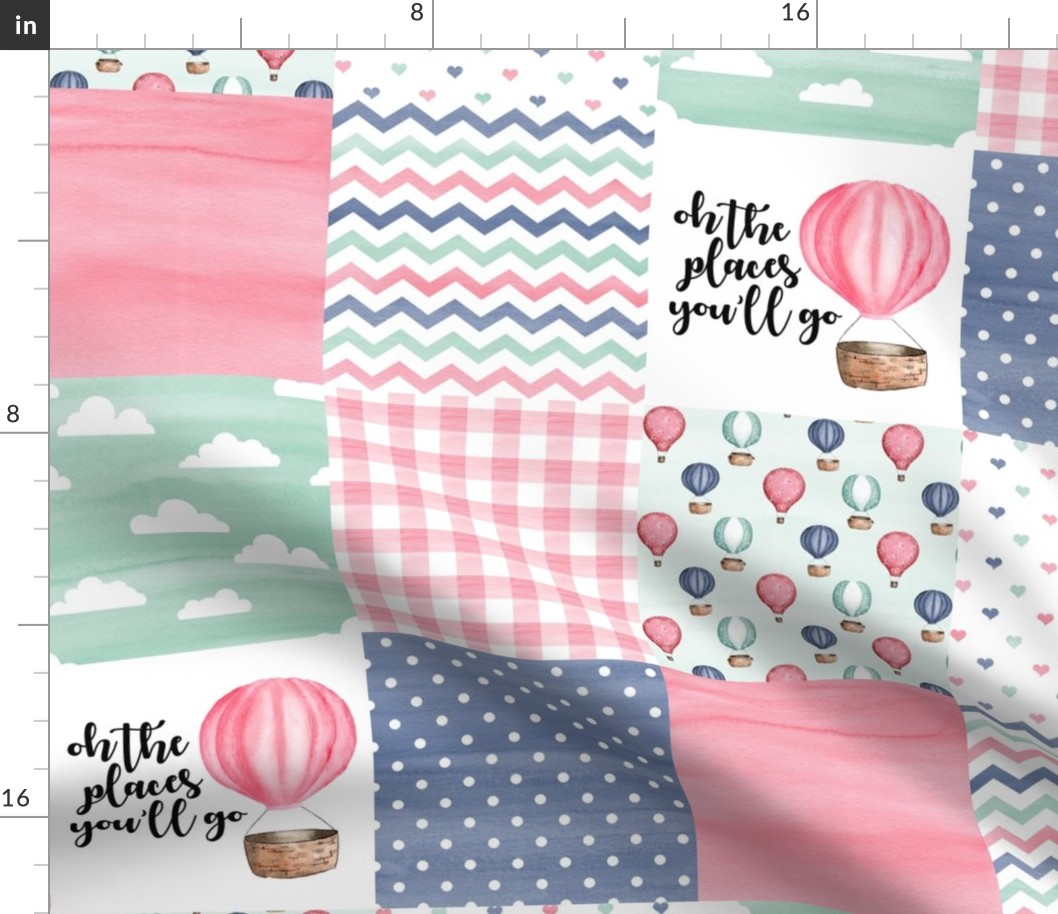 Oh the places you'll go//Pink Hot air Balloon - Wholecloth Cheater Quilt