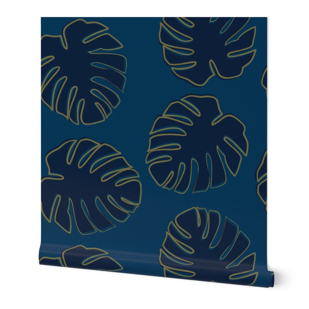 Monstera Leaves at Midnight Large Scale Blue