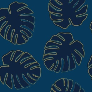 Monstera Leaves at Midnight Large Scale Blue