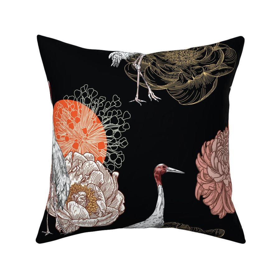 Sarus Crane & Florals on Black