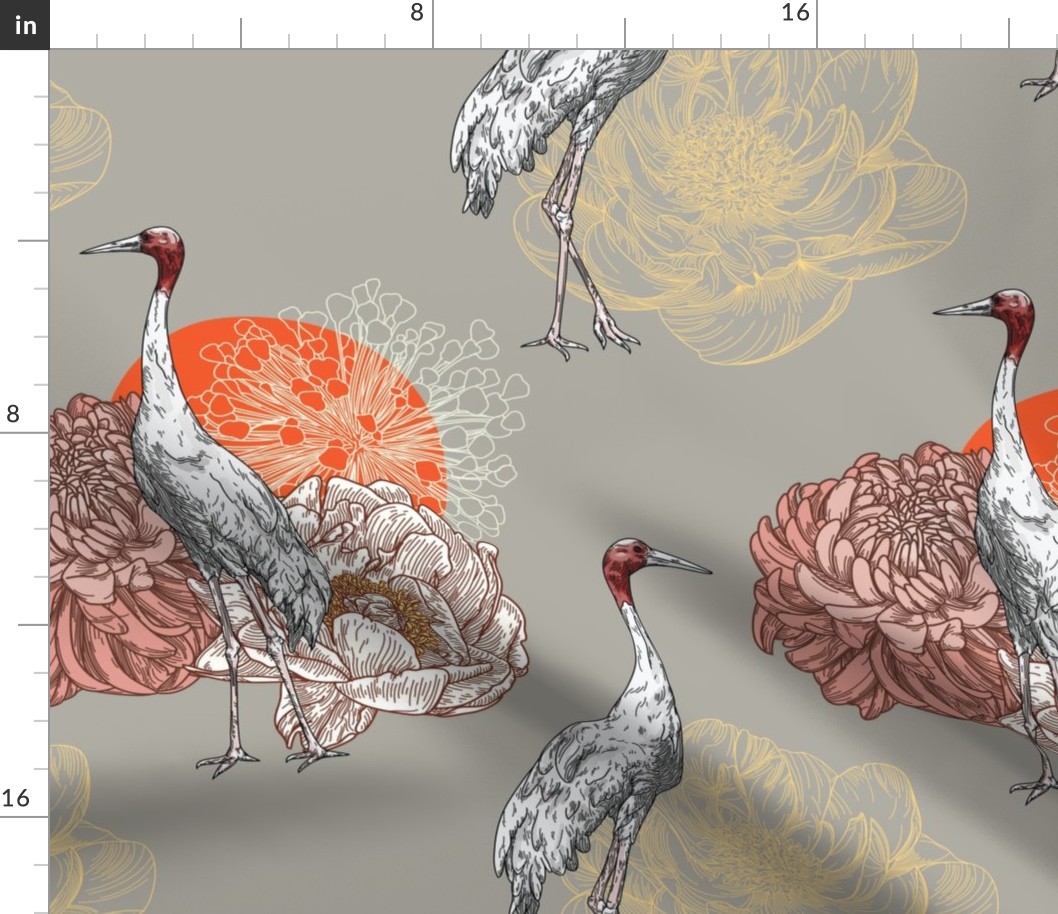 Sarus Cranes & Florals on Neutral