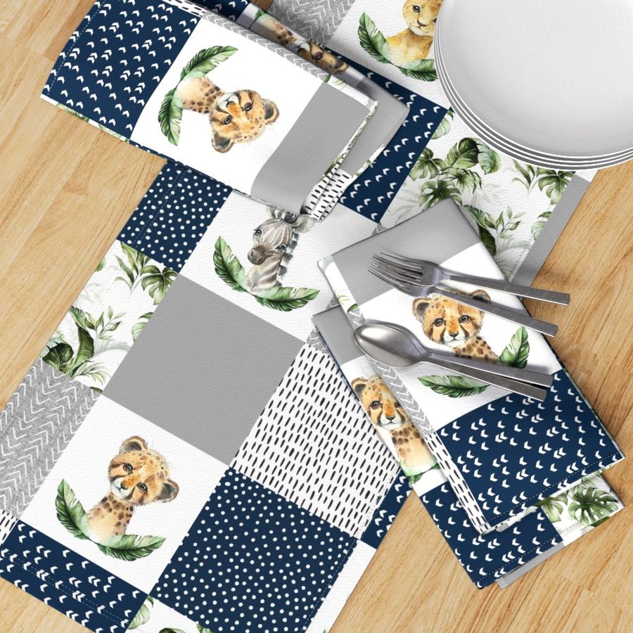 safari animals - jungle patchwork - navy and grey