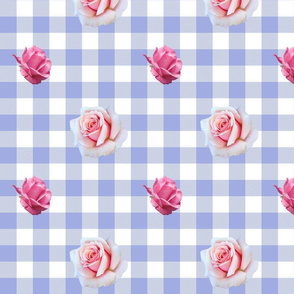 Pink roses on lavender blue 1-inch gingham