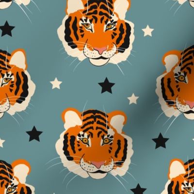 Tiger Heads and Stars - Blue