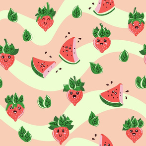 Cute, kawaii anthropomorphic cartoon watermelon and strawberries