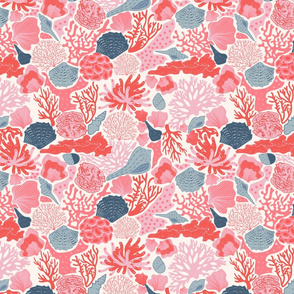 Shell Reef- Seashells on the ocean floor- Light Cyan Blue Stormy Sea Blue shells in Coral Pink Cotton Candy Reef on Seashell White- Regular Scale