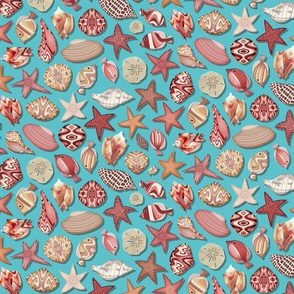 Fish, Seashells and Starfish // Caribbean Blue, Burgundy, Pink, Peach, Sand, Tan // Hatch Texture Overlay // Coastal Beach Decor