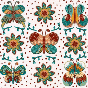 Folk Art retro Scrolled butterflies on paper background medium