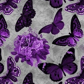Butterflies and cobwebs purple on grey