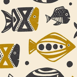 Deep Sea - Mid Century Modern Fish - Ivory Gold Charcoal Large Scale