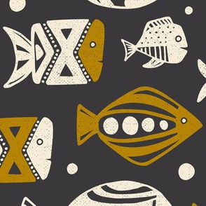 Deep Sea - Mid Century Modern Fish - Charcoal Golden Yellow Ivory Large Scale