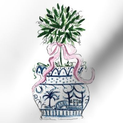 Blue Chinoiserie SC  Pink RIbbon Topiary 