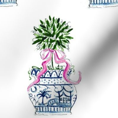 Blue Chinoiserie SC  Pink RIbbon Topiary -ch