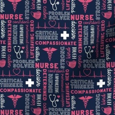 Sm. Nurse Word Art 5x3 - White,  Hot Pink on Navy Blue