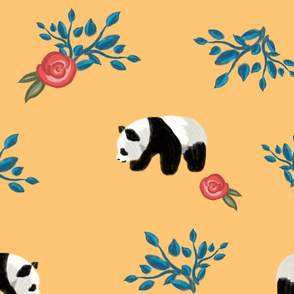 Floral Panda Pattern with Roses on Peach Background