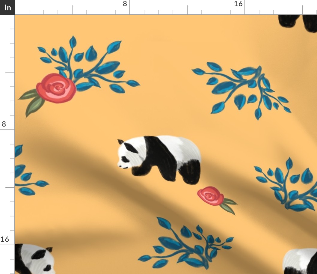 Floral Panda Pattern with Roses on Peach Background