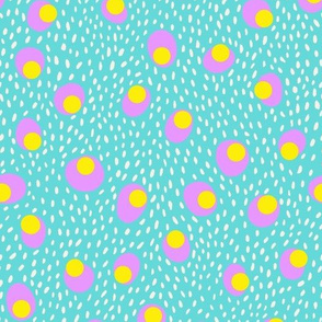 Spots and dashes in candy bright blue, lilac and yellow