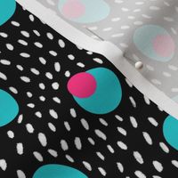Spots and dashes in black, blue and magenta
