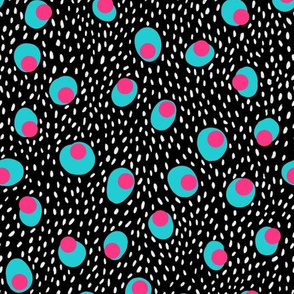 Spots and dashes in black, blue and magenta