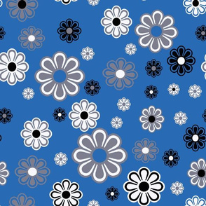 Blue, black , white retro flowers