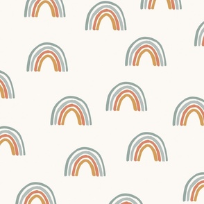 4' scattered cream rainbows with hearts and dots on a blush pink background - hand painted rainbows