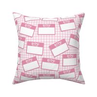 Scattered Hebrew 'hello my name is' nametags - light pink on baby pink gingham