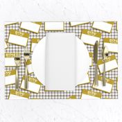Scattered Hebrew 'hello my name is' nametags - mustard on grey gingham