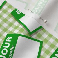 Scattered French 'hello my name is' nametags - green on gingham
