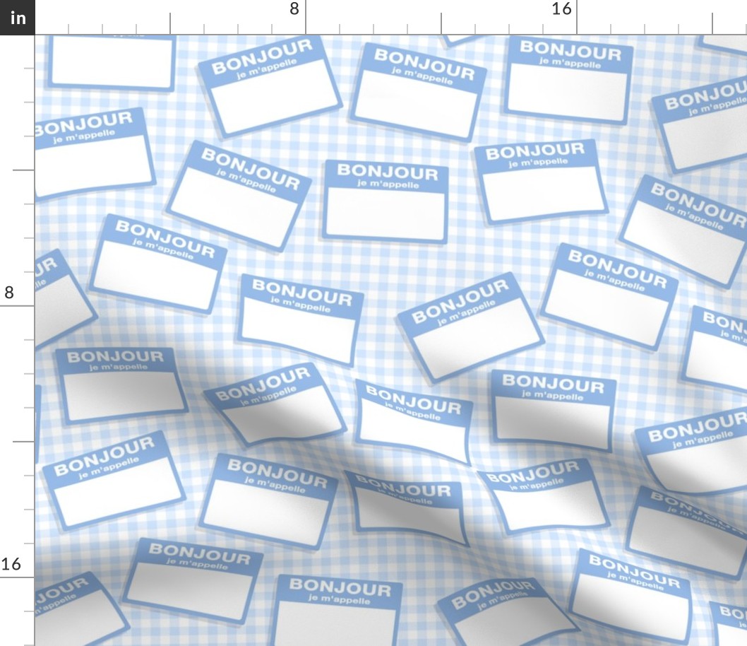 Scattered French 'hello my name is' nametags - light blue on baby blue gingham