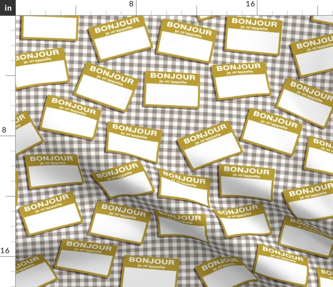 Scattered French 'hello my name is' nametags - mustard on grey gingham