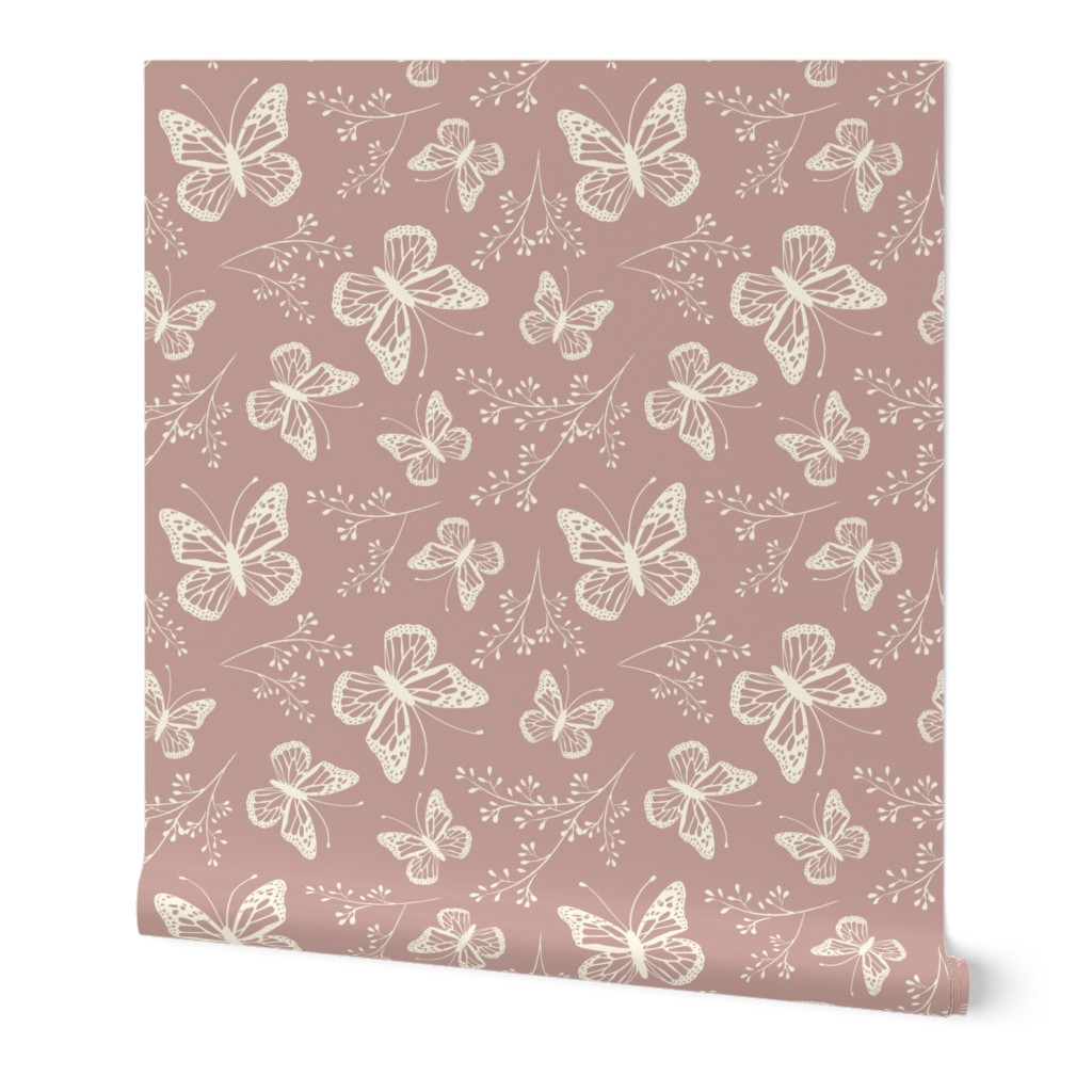 Dusky pink, puce, butterflies, butterfly, floral