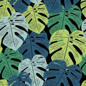 Blue and Green Palm Leaves on Black