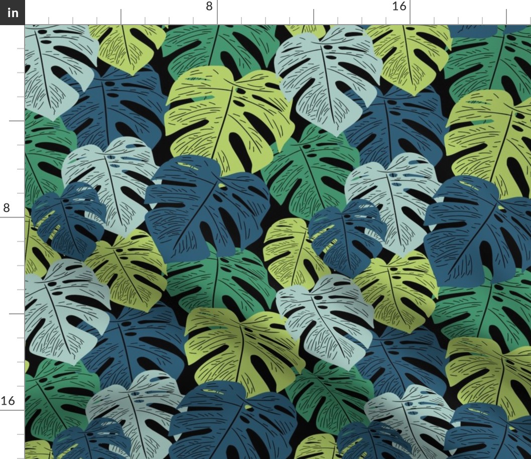 Blue and Green Palm Leaves on Black