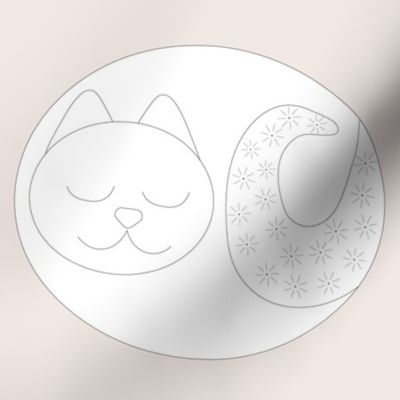 002 - Cat Embroidery Design for beginners featuring a sleepy kitten with sweet lazy daisy motifs on its' tail, with a banner for the makers name to be added.  White background and apricot surround - purchase as 8 inch swatch.