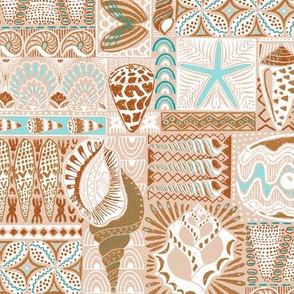 Tribal Seashells Mudcloth // Hawaiian Tapa (aqua-bronze) 14"