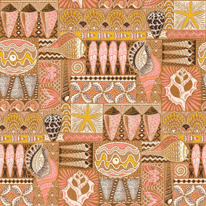 Tribal Seashells Mudcloth // Hawaiian Tapa (coral-brown) 18"