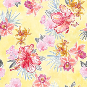 Hawaiian Watercolor Orchids & Hibiscus (yellow) 12"