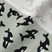 Little orca sea killer whale ocean adorable scandi style fish print for kids  black and white mist green 