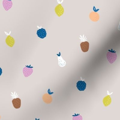 Summer fruit smoothie fun tropical juice garden with pears strawberries and pineapples kids blue pink yellow on beige