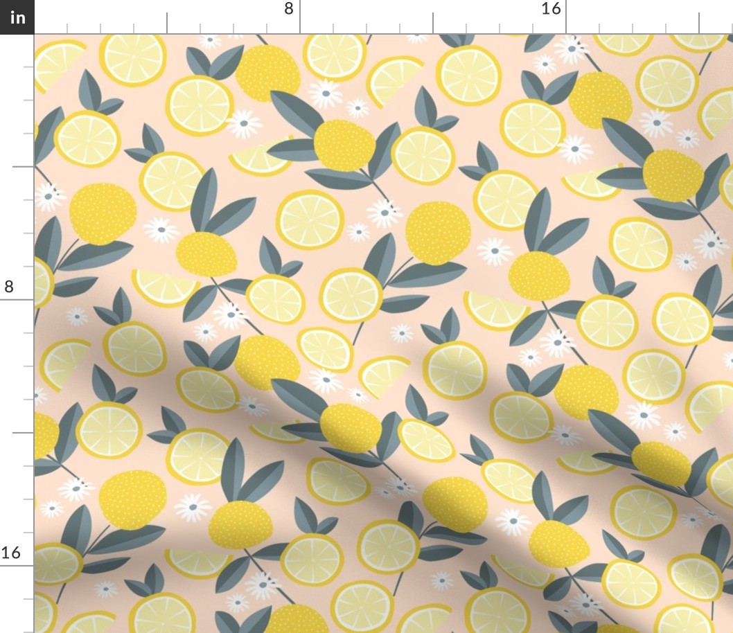 Lush citrus garden botanical boho lemons and summer leaves kitchen restaurant blush yellow gray