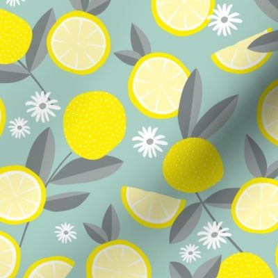 Lush citrus garden botanical boho lemons and summer leaves kitchen restaurant yellow blue gray