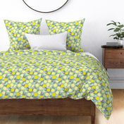 Lush citrus garden botanical boho lemons and summer leaves kitchen restaurant yellow blue gray